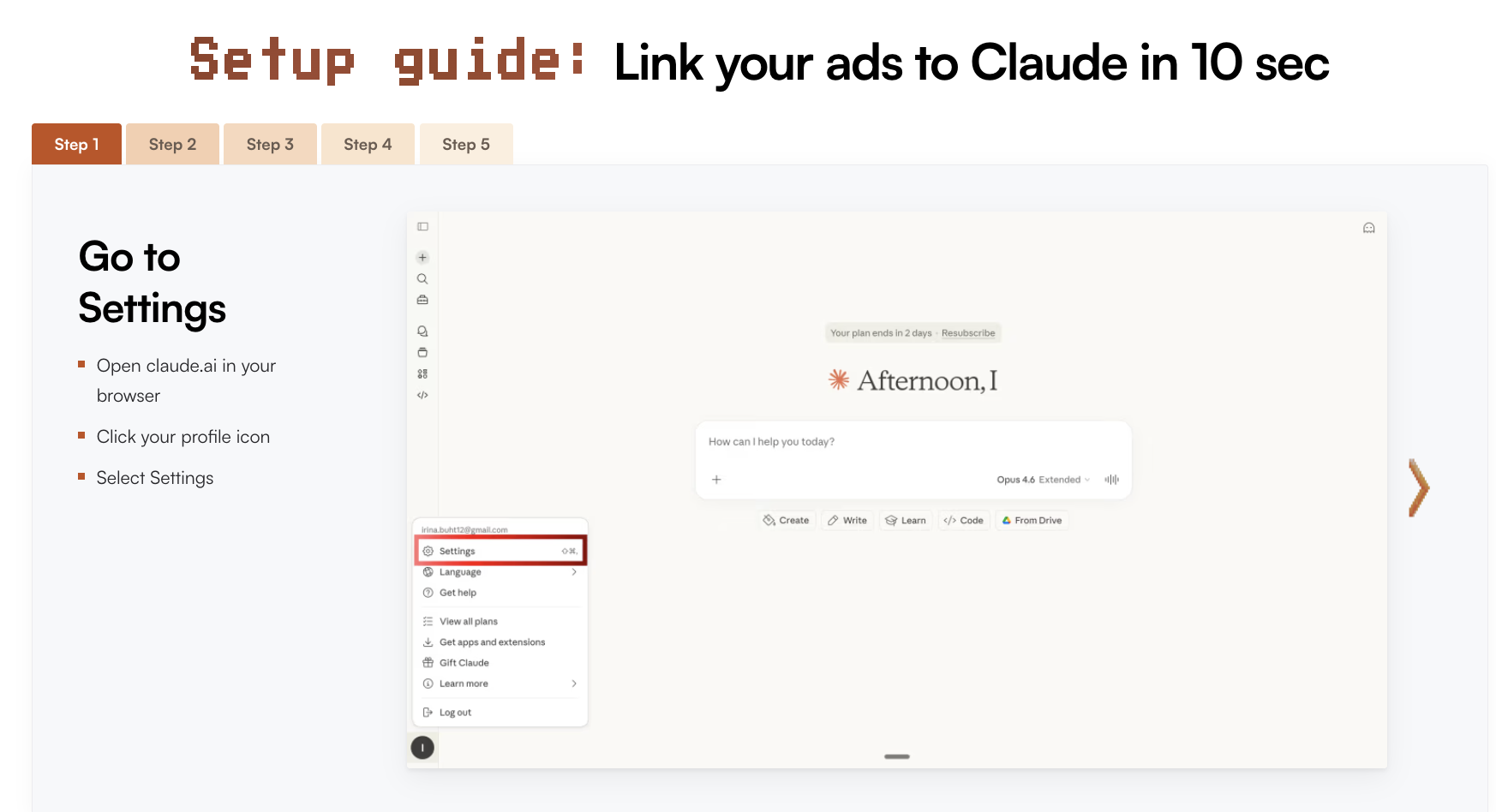 Setup step 1 — go to Claude settings